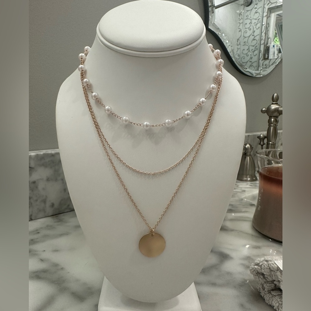 3 piece Multi Layer Dainty Chain Pearl and Pendant Necklace